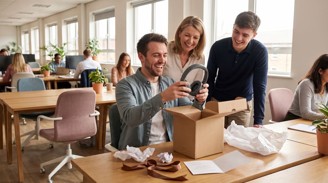 A man at his desk lifts a pair of over-ear headphones out of a gift box while two colleagues lean in laughing, a signed card and ribbon on the desk.