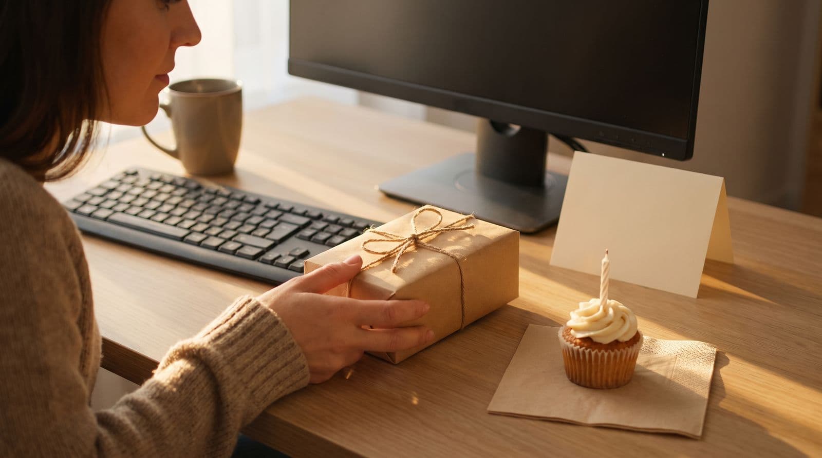 A colleague sets a small kraft-wrapped gift down on an empty desk beside a card and a cupcake with a single candle.