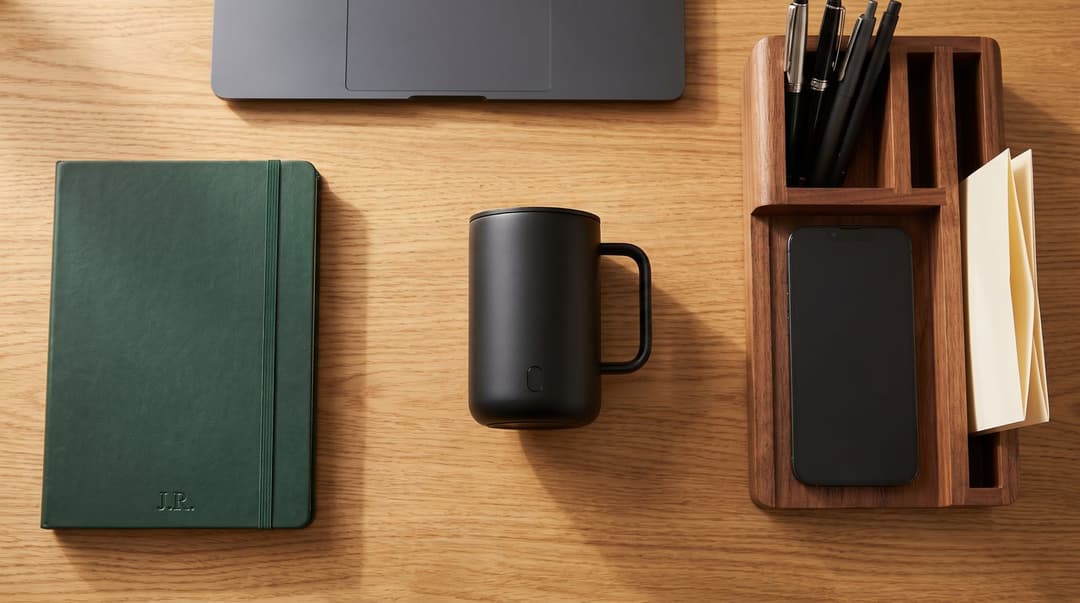 A monogrammed green notebook, a matte-black smart mug and a wooden desk organizer holding pens and a phone, lined up on a tidy desk.
