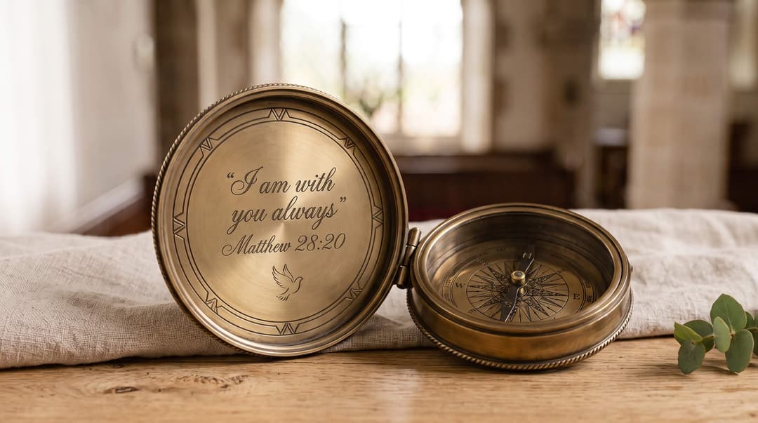 Open brass compass engraved with the verse "I am with you always, Matthew 28:20" and a dove, beside its compass face