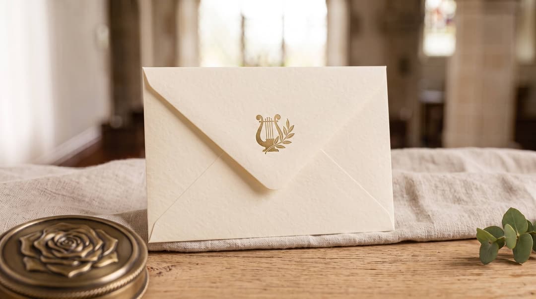 Cream envelope with a gold embossed lyre and olive branch, resting on linen beside a brass keepsake tin
