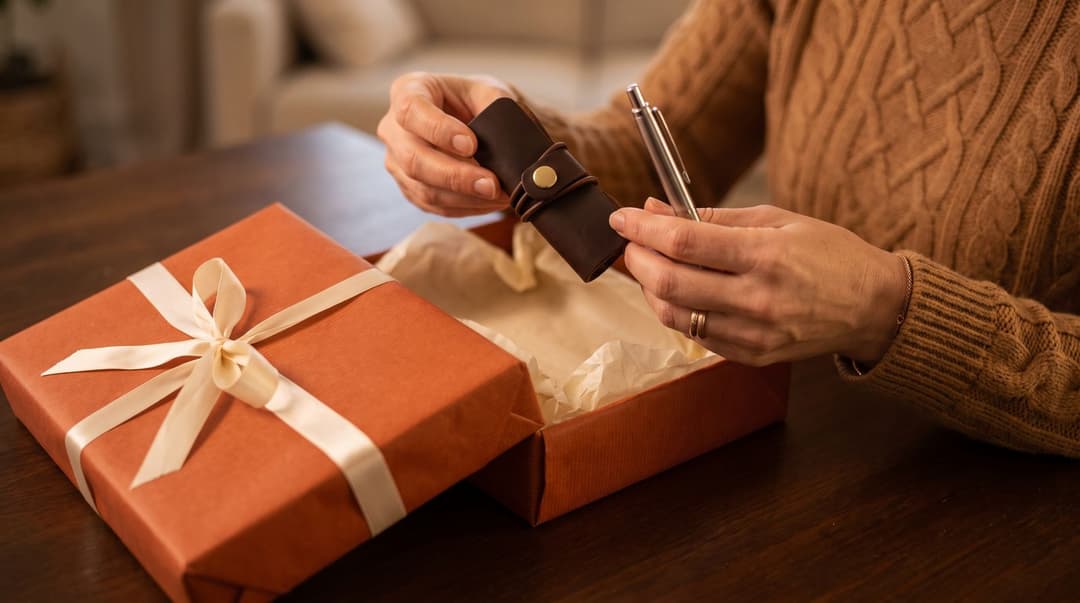 A woman in a cozy knit sweater unwraps a gift box containing a monogrammed leather cord organizer and a polished metal pen.