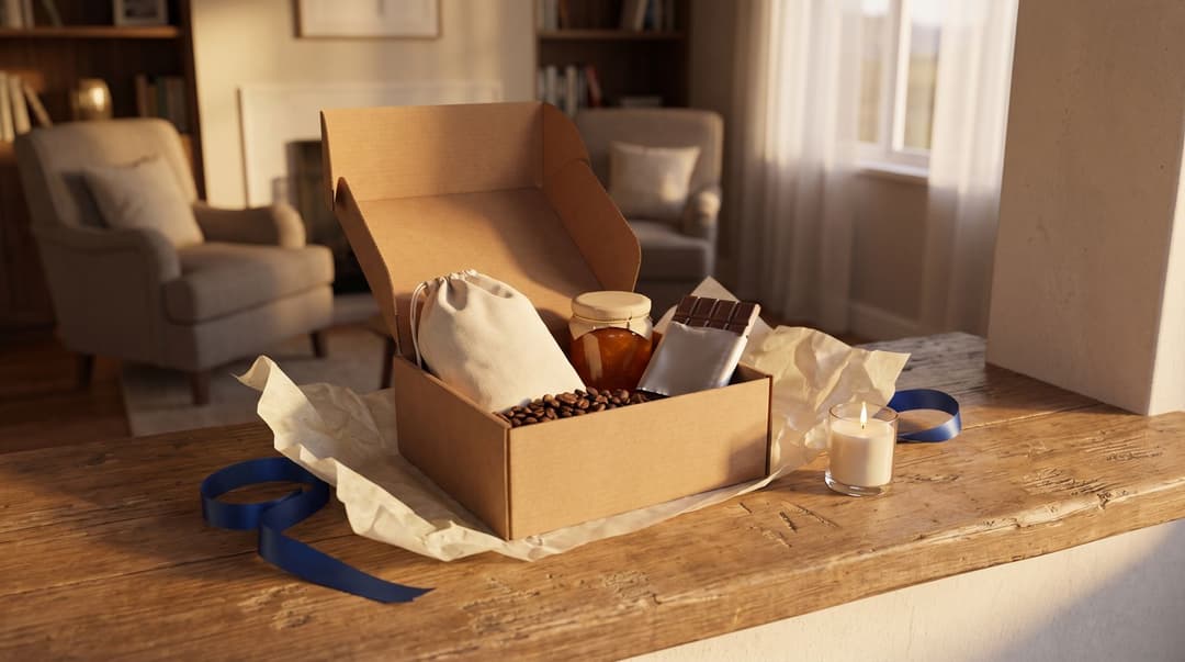 A curated gourmet gift box filled with artisanal snacks and coffee sits on a warm wooden windowsill surrounded by ribbons and tissue paper.
