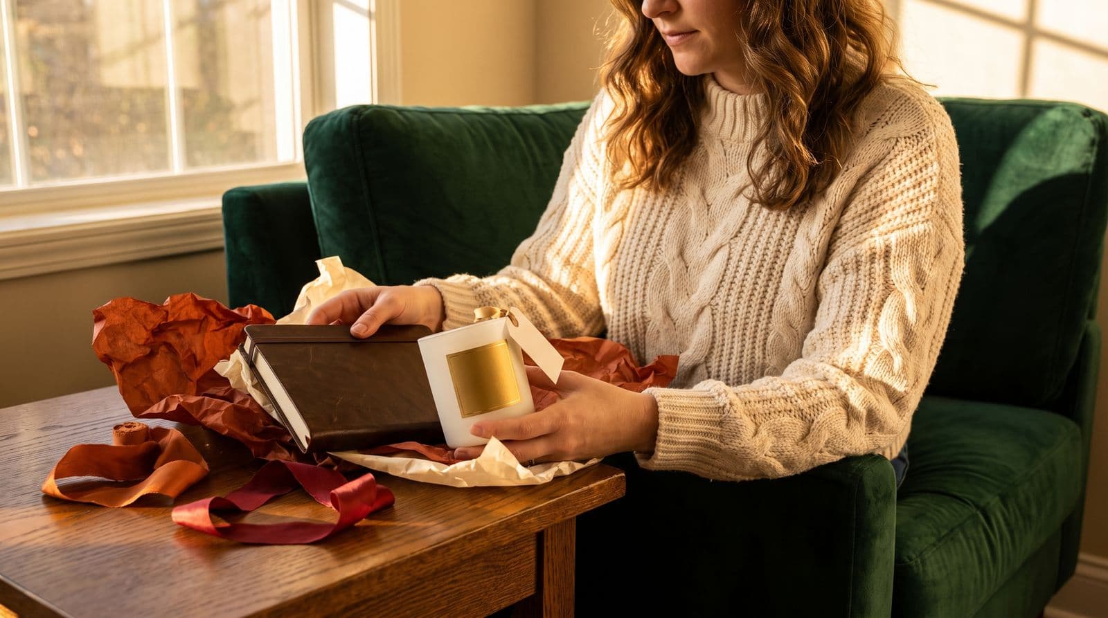 A woman in a cozy knit sweater sits in a warm living room, holding a beautifully wrapped custom leather journal and a luxury candle intended as a thoughtful corporate gift for a small team.