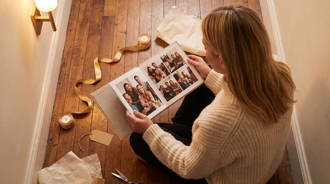 A woman in a knit sweater sits on a wooden hallway floor, looking at a personalized photo book filled with team memories.