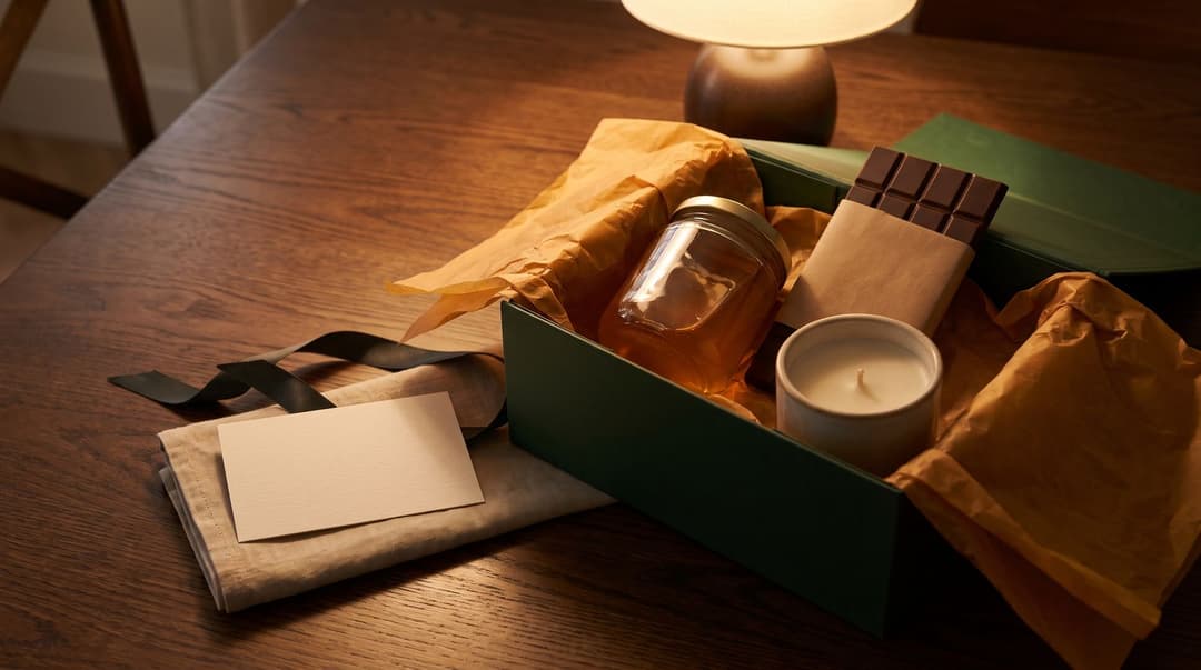An elegant, curated gift box containing artisanal local goods sits on a polished wooden table next to a blank gift card and linen napkin, illuminated by warm, inviting light.