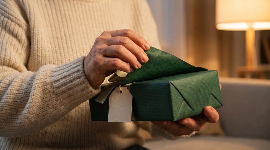 A woman in a cozy knit sweater opens a elegantly wrapped, logo-free gift, highlighting the personal touch in corporate gifting.