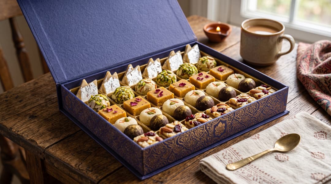 A high-angle photograph shows an open, deep blue gift box with gold patterns on a rustic wooden table, filled with an assortment of square and round Indian mithai (sweets). There are 25 pieces arranged in a grid, including white Kaju Katli squares with silver foil, yellow Motichoor Laddoo rounds with crushed pistachios, and others with different colors and toppings. To the right, on the same table, are a small terracotta oil lamp with a lit flame, a ceramic mug of masala chai, and a paisley-patterned cloth napkin with a golden spoon. The background is a soft-focus wooden chair and a window with natural light.