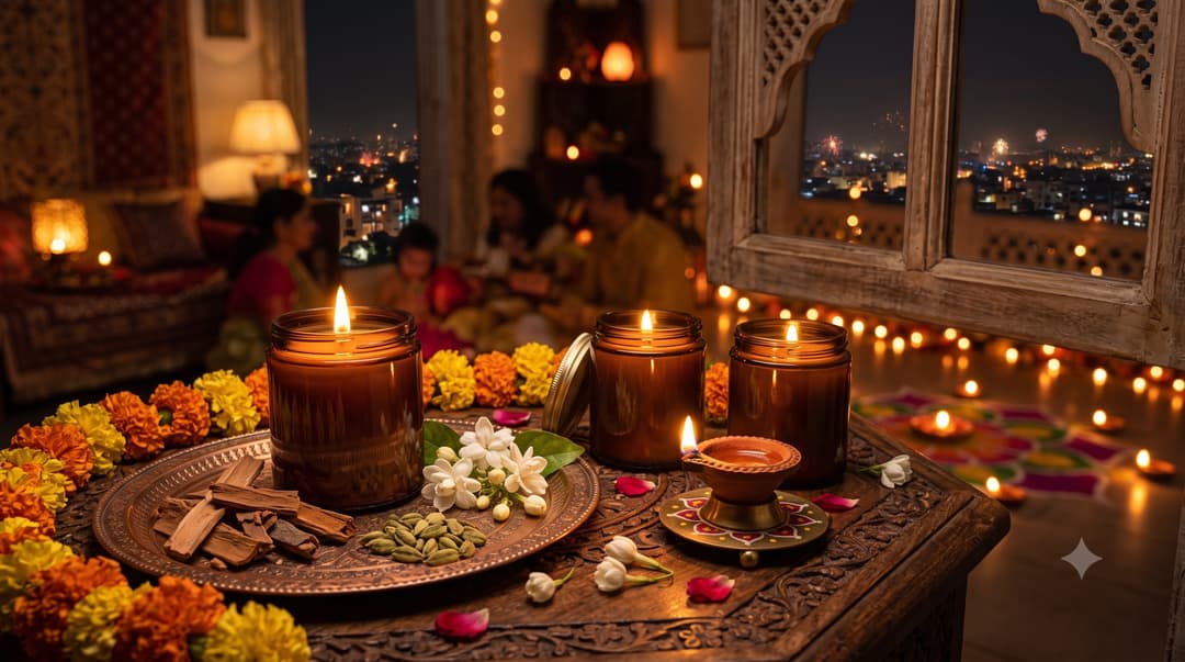 Three lit amber glass jar candles on a carved wooden table decorated with marigold garlands, jasmine flowers, sandalwood, and cardamom for Diwali, with a lit clay diya nearby and a family gathered in a warm-lit room overlooking a night skyline with fireworks.