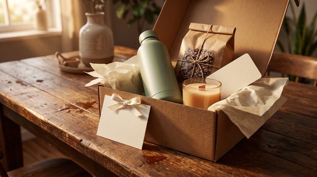 A thoughtfully curated employee welcome box sits on a wooden table, featuring a reusable water bottle, coffee beans, a candle, and a handwritten card as a warm gesture for a new team member.