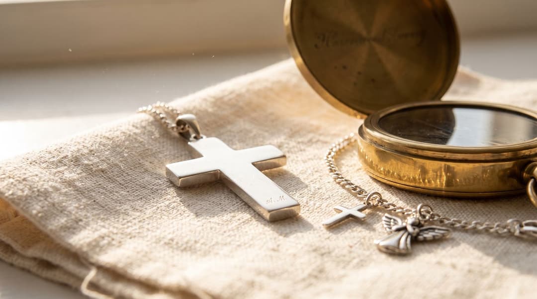 Close-up on a linen cloth of a sterling silver cross pendant engraved with initials, a fine charm bracelet with a small cross and angel charm, and an open brass pocket compass with an engraved lid.