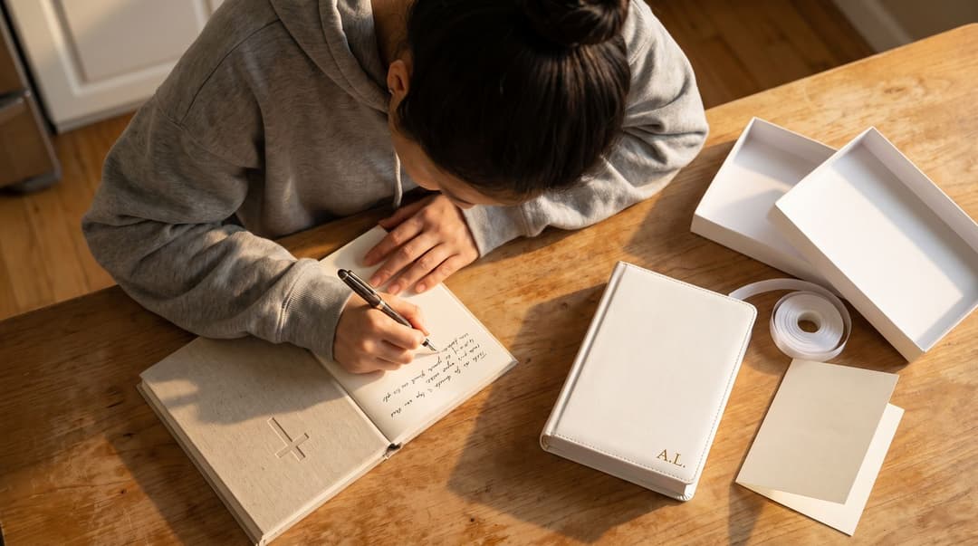 Seen from above, a person writing an inscription inside a cloth-covered prayer journal with an embossed cross, beside a white leather Bible embossed with initials, its gift box, white ribbon and a folded card.