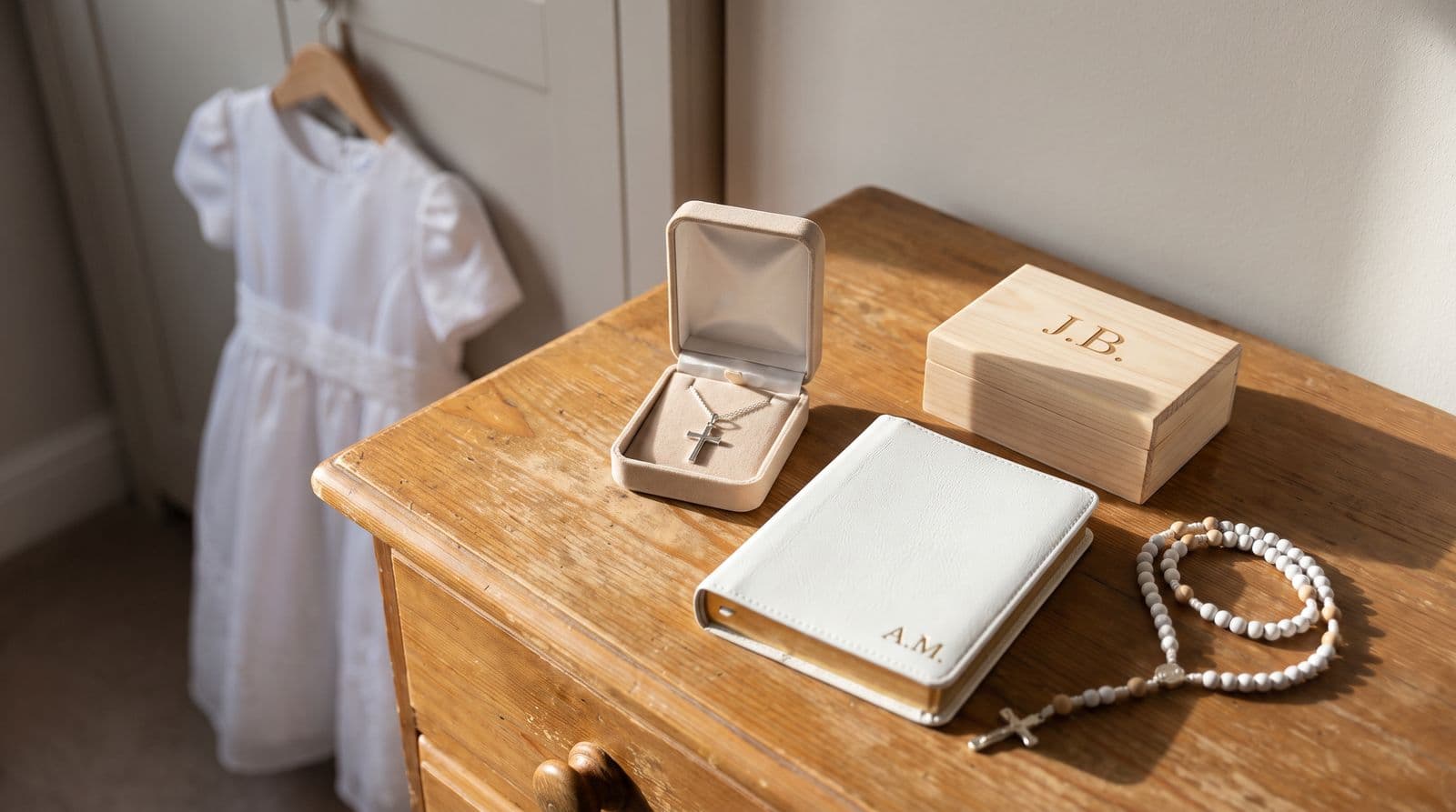 A pine dresser in soft light with a silver cross necklace in an open box, a white leather Bible embossed with initials, a wooden keepsake box with engraved initials and a white rosary, a white Communion dress hanging out of focus behind.
