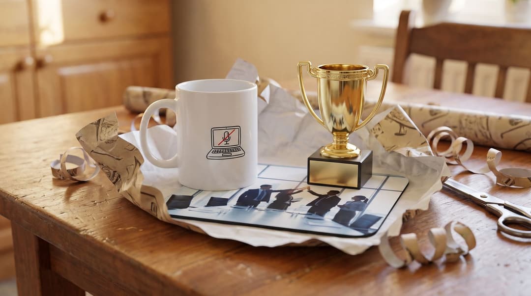 A white mug printed with a small laptop-and-muted-microphone icon, a gold trophy with a blank plate and a mousepad printed with a cheesy boardroom high-five stock photo, sitting on tissue paper and curled ribbon on a kitchen table.