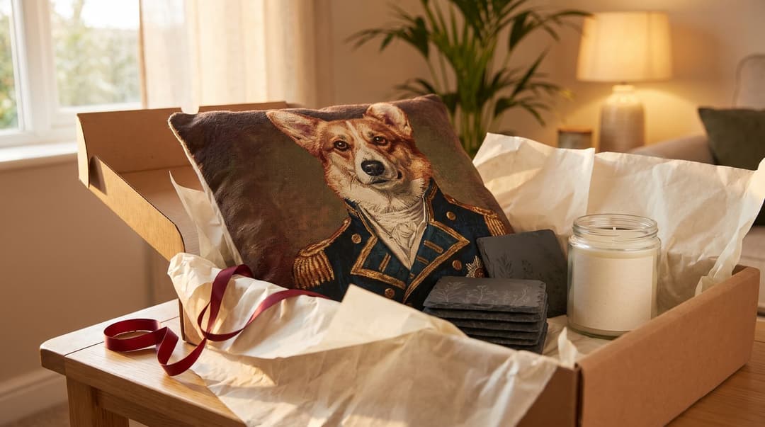 A gift box on a side table holding a throw pillow printed with a corgi in a naval admiral's uniform, a stack of slate coasters engraved with botanical lines and a candle in a glass jar with a blank label, red ribbon and tissue around it.