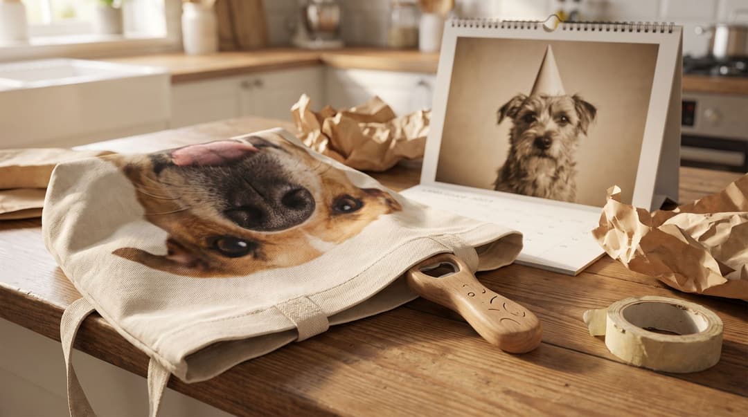 A canvas tote bag printed with a giant close-up of a dog's nose and face, a wooden bottle opener engraved with doodles, and a desk calendar open to a photo of a scruffy dog in a party hat, with crumpled kraft paper and tape on a kitchen counter.