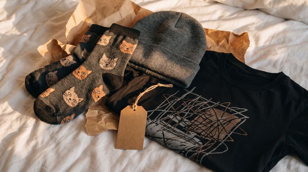 A pair of grey socks printed with cartoon cat faces, a grey knit beanie and a black t-shirt laid face down with a scribbled back print, on a bed with kraft wrapping paper and a blank gift tag.
