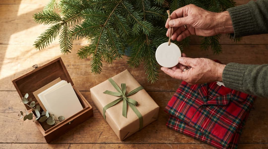 Older hands in tartan pyjama sleeves hanging a plain white ceramic ornament on a small real Christmas tree, with a kraft-wrapped gift, a box of folded cards and folded red tartan pyjamas on the wooden floor beneath.