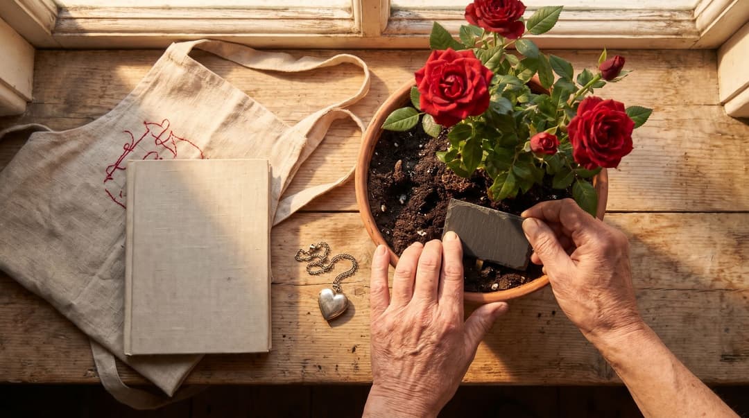 Older hands pressing a blank slate marker into a pot of red roses on a sunny windowsill, beside a linen apron with a red embroidered scribble, a cloth-bound recipe book and a silver heart locket.