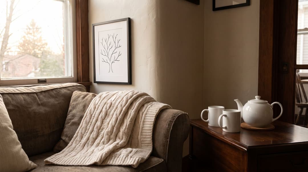 A framed line-drawn family-tree print above a sofa, a cream cable-knit throw folded over the arm and two white mugs on a wooden side table in daylight.