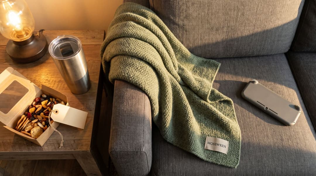 A sofa corner in lamp light with a sage knitted throw labelled Mosswren draped over the armrest, a steel tumbler and an open snack box with a blank tag on the side table, and a grey handheld console lying face down on the cushion.