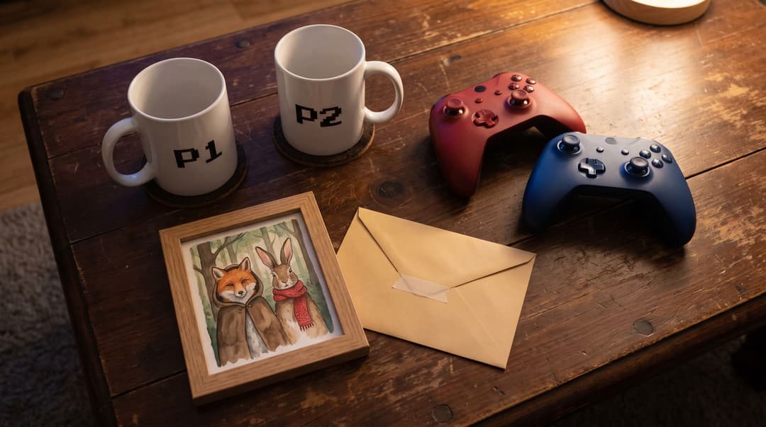 Two white mugs marked P1 and P2 in a pixel font on a wooden coffee table beside a green and an orange game controller, a small framed drawing of a fox and a hare under a tree, and a closed envelope, all in warm lamp light.