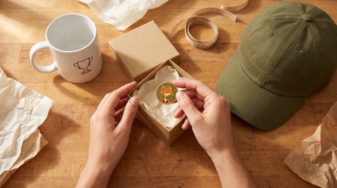 Hands placing a round enamel pin of a cartoon fox into a small kraft box on a kitchen table, next to an olive cap embroidered with the handle Mosswren, a white mug with a line-drawn trophy, tissue paper and ribbon.