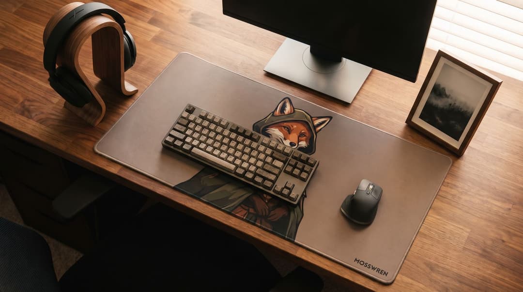 A walnut desk seen from above with a large grey desk mat printed with a hooded fox and the handle Mosswren in one corner, a keyboard and mouse on it, a headset on a bentwood stand and a small framed misty-forest print by the monitor.