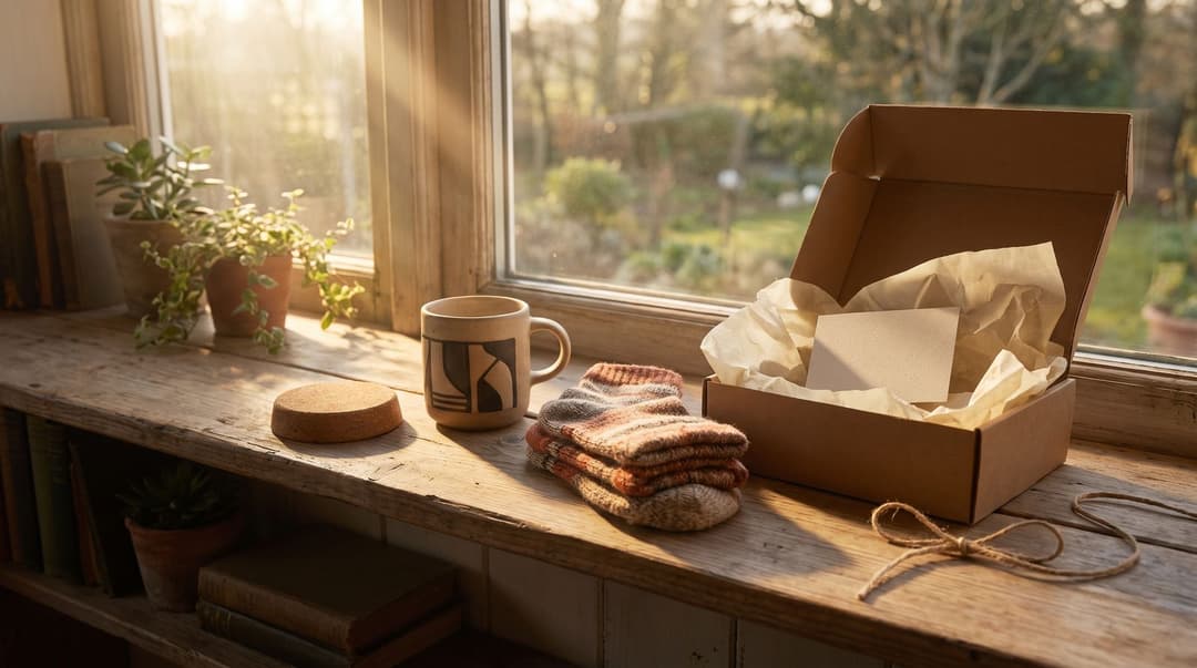 A curated welcome gift for a remote intern, including a mug, cozy socks, and a gift box, sits on a sunlit wooden windowsill.