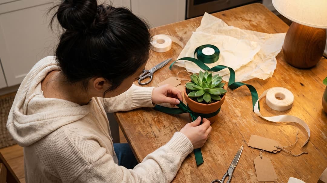 Close-up of hands wrapping a small succulent plant in a terracotta pot as a gift on a wooden kitchen table.