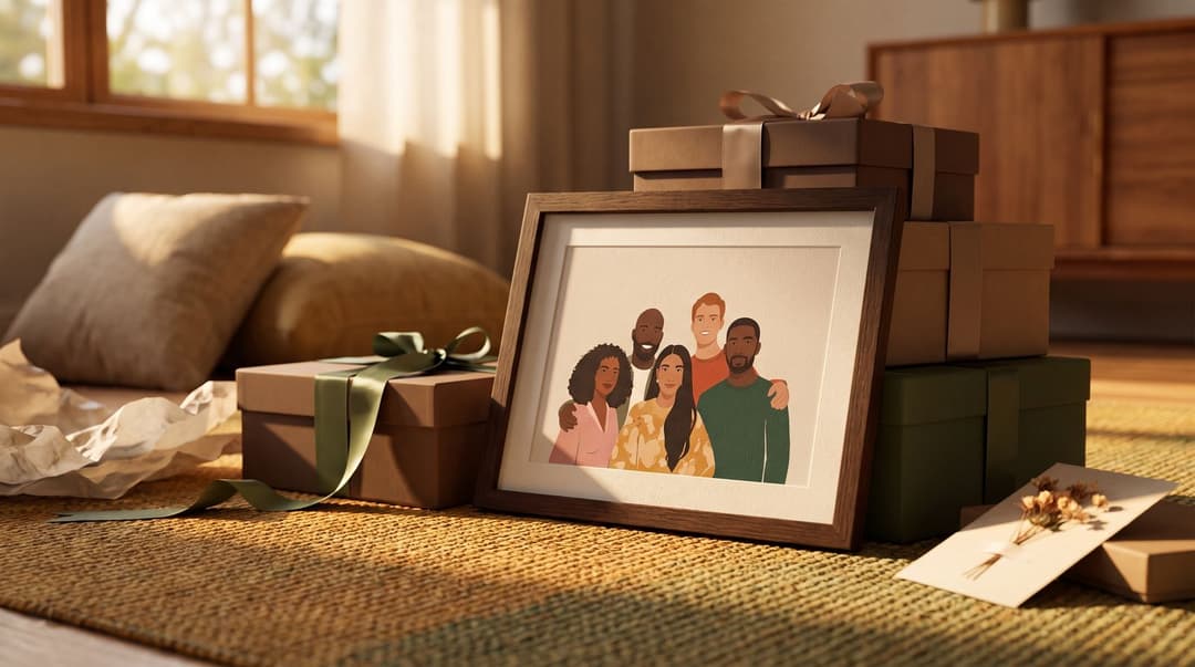 A framed team illustration sits among gift boxes, silk ribbons, and tissue paper on a cozy living room rug.