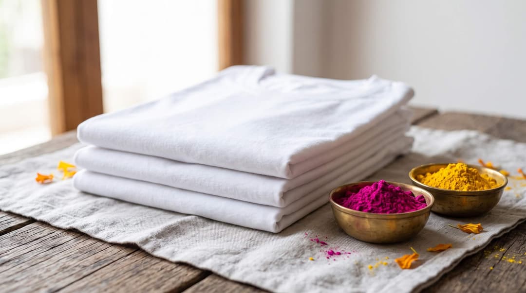 Stack of folded plain white t-shirts beside brass bowls of pink and yellow Holi powder