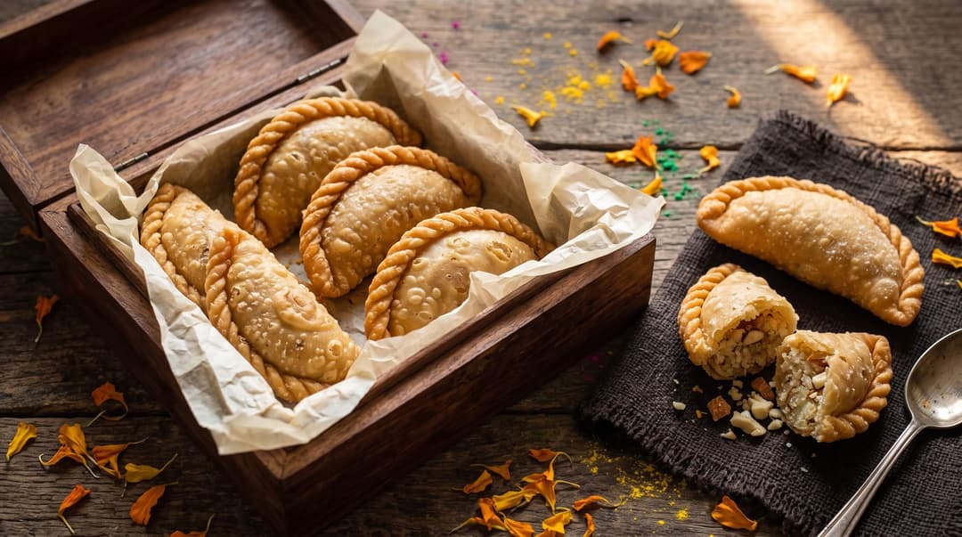Wooden gift box of gujiya with one broken open to show the nut and khoya filling