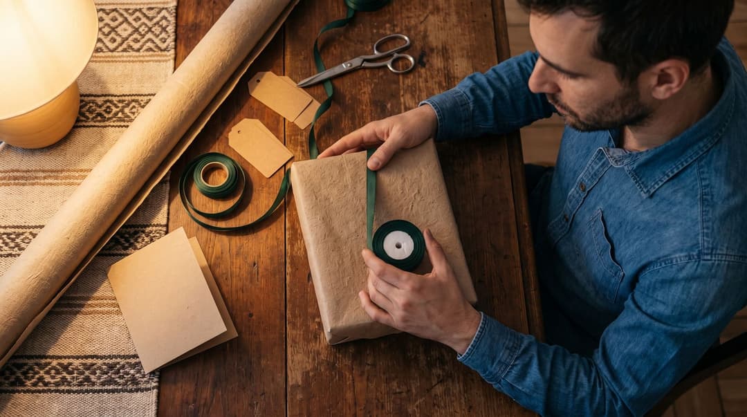 A man in a denim shirt wraps a gift on a kitchen table surrounded by ribbon, scissors, and tags, preparing for a team celebration.