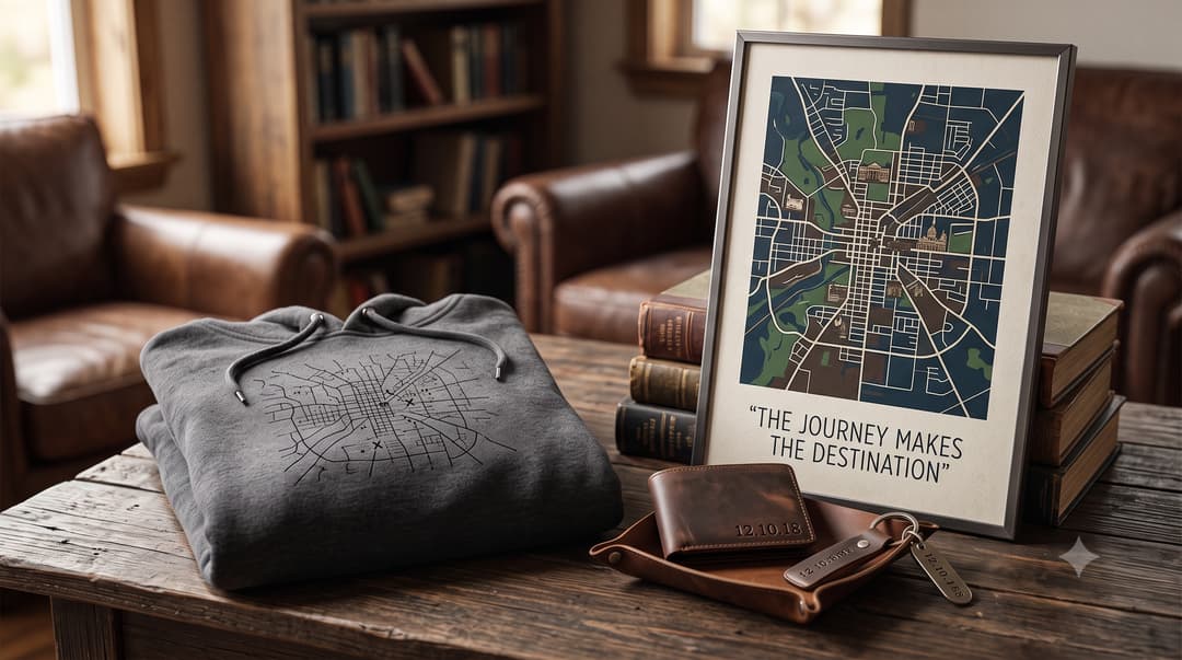 A folded gray hoodie with a custom city map design, a framed map print reading 'The journey makes the destination,' and an engraved leather wallet and keychain with a date, displayed on a wooden table." A couple of notes: These read like personalized-gift product mockups, so I leaned the filenames toward that keyword angle (monogram, custom map, night sky print) rather than generic "lifestyle photo" naming — let me know if there's a specific target keyword per image you're optimizing for instead. Image 3 has an engraved date ("12.10.18") that repeats across the wallet, strap, and keychain tag — I didn't call out the specific date in the alt text since it's not legible/relevant at that size, but flagging in case you want it included for a personalization-focused product page. Gemini_Generated_Image_owurvhowurvhowur.png sam for this Analyzed personalized gift product imagery composition Analyzed personalized gift product imagery composition Filename: personalized-monogrammed-gift-collection-display.jpg Alt text: "A collection of personalized gift items displayed on a wooden table and shelves, including a monogrammed leather bag, engraved wooden box, whiskey decanters and glasses, monogrammed mugs, a custom leather journal, name-embossed accessories, a 'Mom's Kitchen' cutting board, a monogrammed blanket, and personalized photo frames and albums." A note: since this is a dense flat-lay with a lot of distinct products, you could also break this into a more concise version if the full list feels too long for accessibility purposes — something like: "A styled collection of personalized and monogrammed gifts — bags, drinkware, journals, and home decor — displayed on a wooden table and bookshelf." Let me know which context this is for (e.g., a "best personalized gifts" roundup article) and I can tune the keyword focus accordingly.