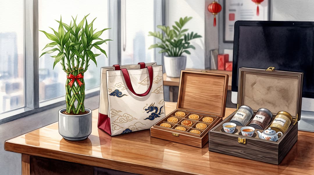 An illustration of Lunar New Year gifts on an office desk, including a braided lucky bamboo plant, a tote bag with a dragon design, an open box of mooncakes, and a wooden tea chest with tins labeled Oolong, Pu-erh, and Chrysanthemum
