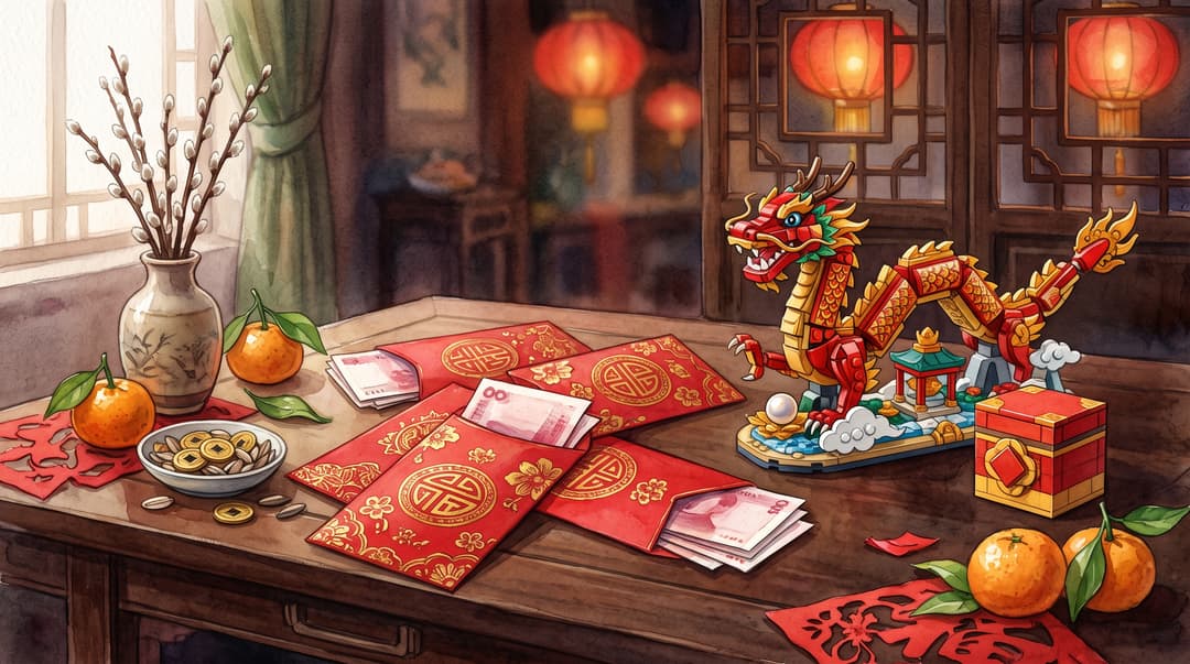 An illustration of Lunar New Year decor on a table, featuring red envelopes with cash, a gold coin bowl, mandarin oranges, a decorative dragon figurine, and pussy willow branches in a vase.