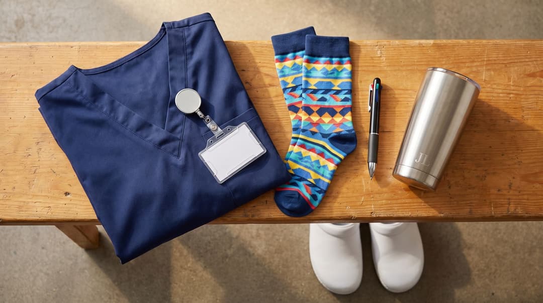 A folded navy scrubs top with a badge reel, bright patterned compression socks, a multi-colour pen and an initialled steel tumbler laid on a locker-room bench, white clogs on the floor below.