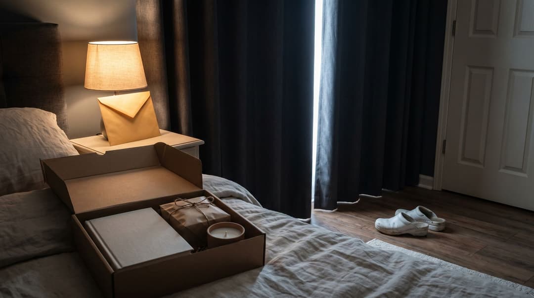 A dim bedroom in daytime with blackout curtains almost closed, an opened subscription box with a book, a wrapped parcel and a candle on the bed, an envelope propped against the lamp and clogs kicked off by the door.