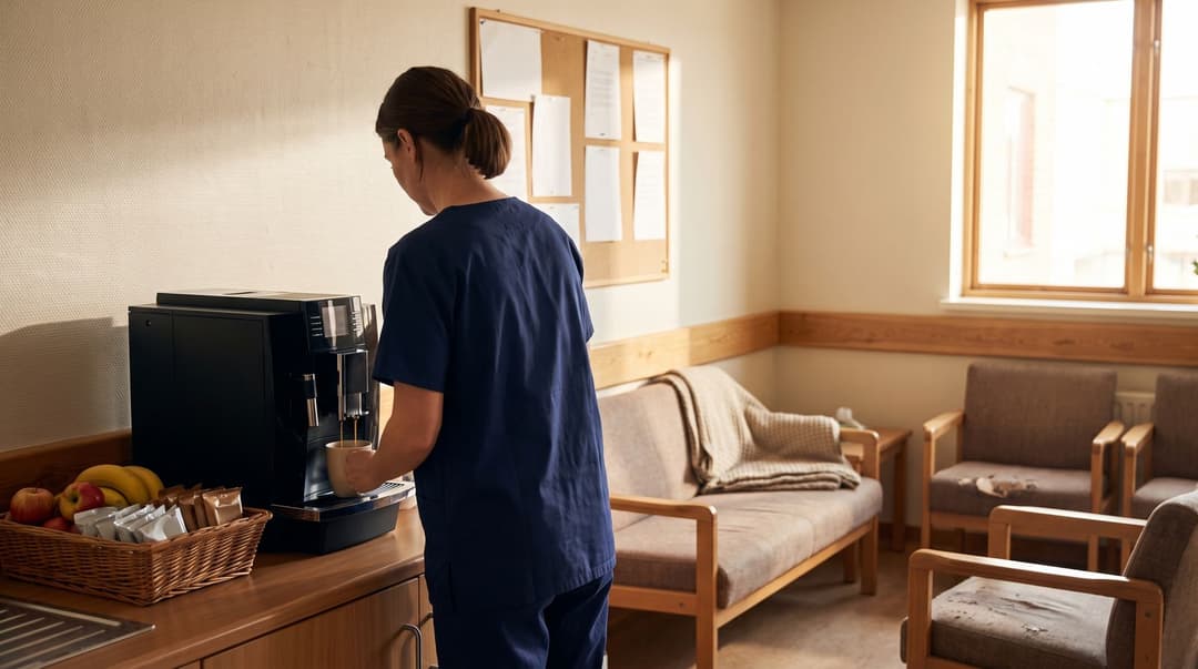 A nurse in navy scrubs, seen from behind, pouring a coffee from a new bean-to-cup machine in a plain hospital break room with a fruit basket, a sofa with a folded blanket and a noticeboard.