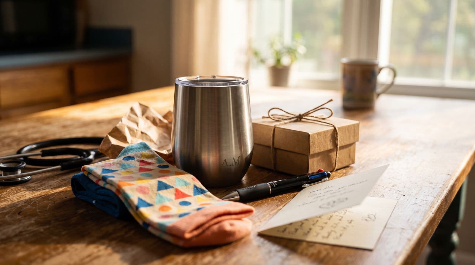 Gifts for a nurse on a sunlit kitchen table: patterned compression socks, a steel tumbler engraved with initials, a multi-colour pen, a small kraft gift box tied with twine and a handwritten card, with a stethoscope at the edge.