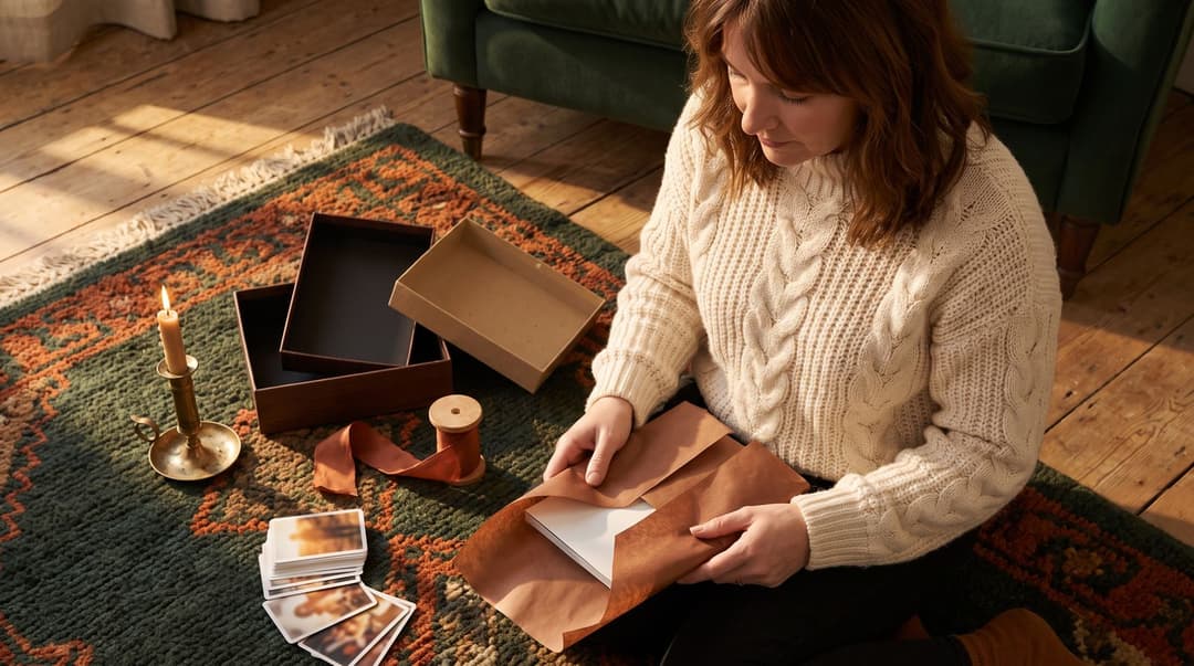 A woman in a cozy knit sweater sits on a living room rug, wrapping a custom comic book anniversary gift surrounded by tissue paper, ribbons, and a deck of personalized playing cards.