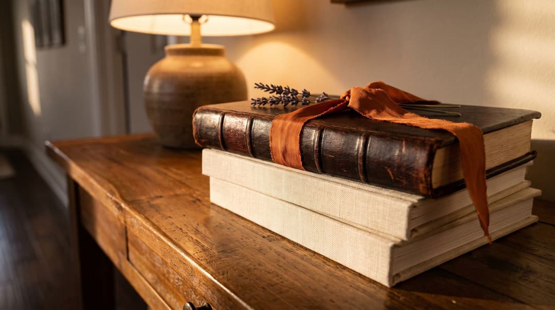 A stack of leather-bound journals and linen photo albums rests on a wooden console table in a warm, softly lit hallway.