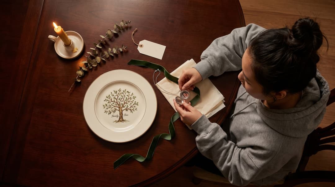 A flat lay view of an anniversary table setting featuring a custom family tree china plate and an open silver locket, with a woman's hands visible as she arranges the gifts.