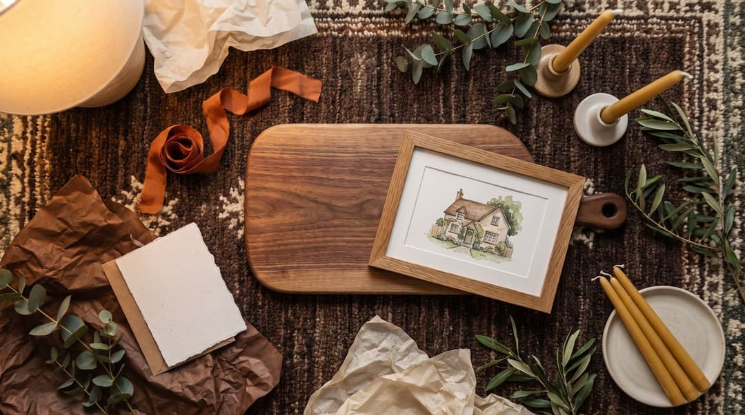 A cozy flat lay of engagement gift items including a wooden serving board and a framed house portrait resting on a living room rug, surrounded by elegant gift wrapping materials and warm candles.