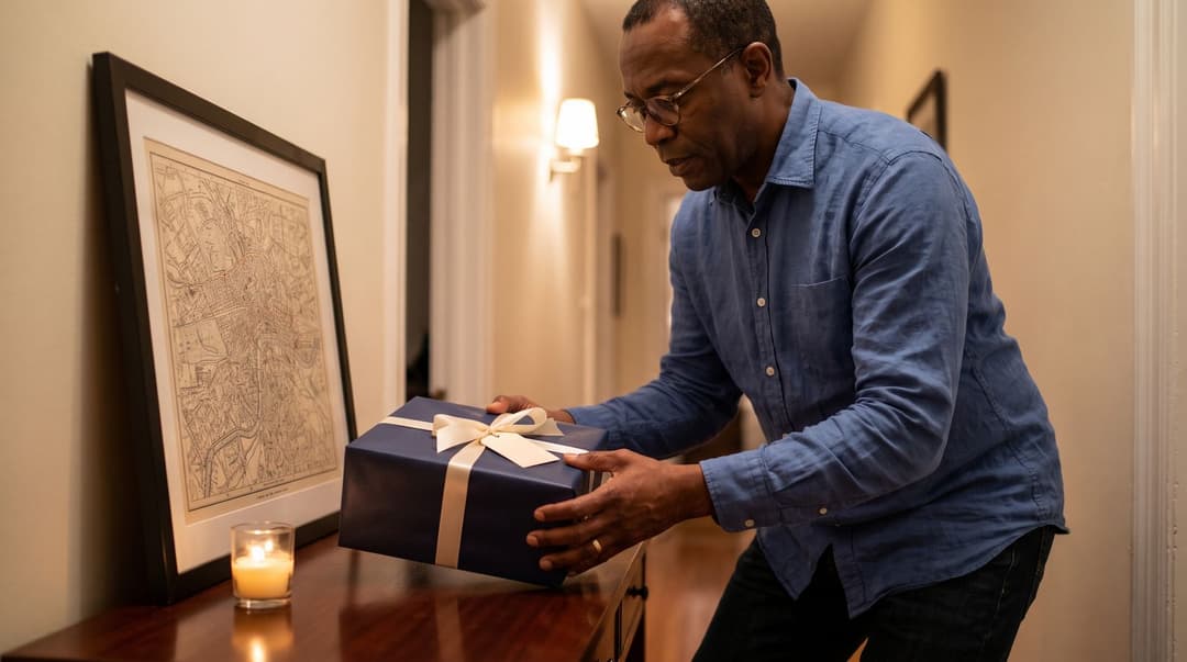 A man in his 50s places a beautifully wrapped gift and a framed map print onto a wooden console table in a warm, dimly lit home entryway.