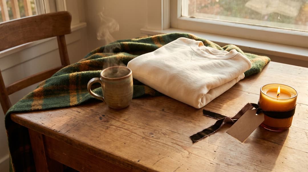 A steaming mug and a cozy, unbranded sweatshirt are set down on a wooden breakfast table next to a gift tag and a warm, glowing candle.