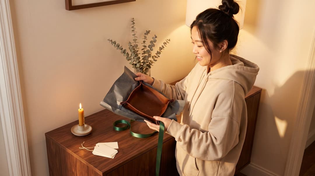 A young woman in a cozy oversized hoodie unwraps a personalized leather valet tray in a warm, inviting entryway setting.