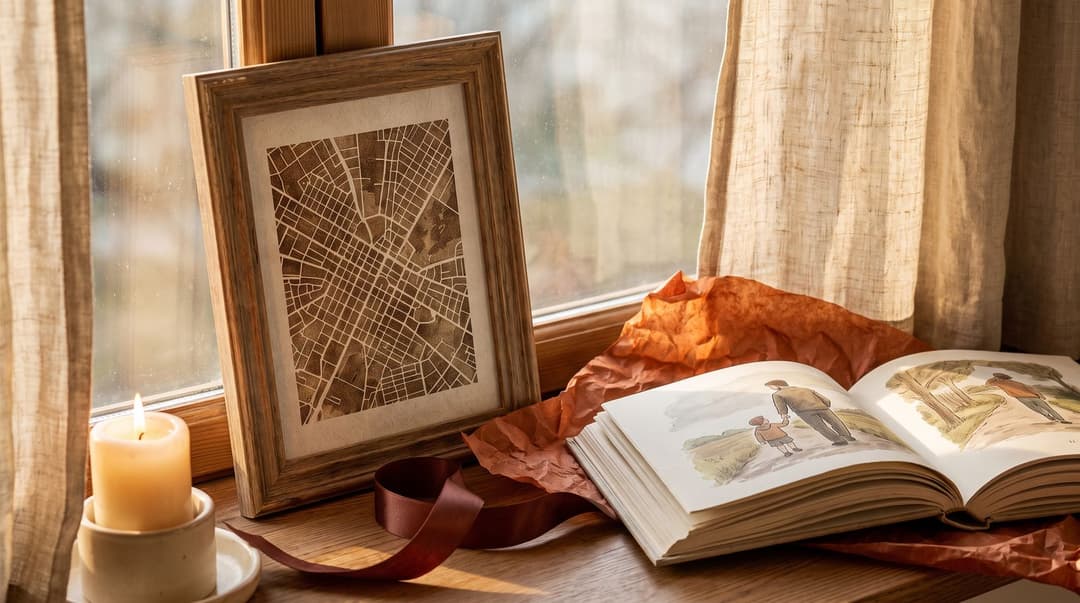A framed map print and a personalized storybook sit on a warm, sunlit windowsill decorated with tissue paper and a ribbon, ready to be gifted.