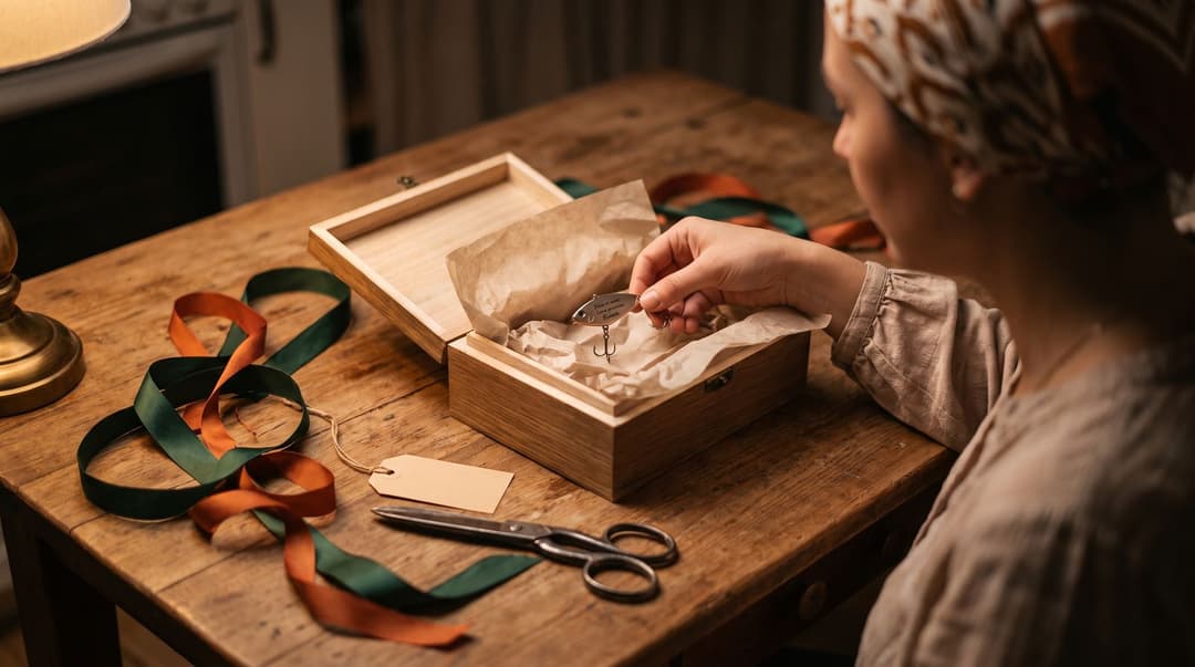 A woman carefully wrapping a personalized fishing lure in tissue paper and ribbon on a wooden kitchen table.